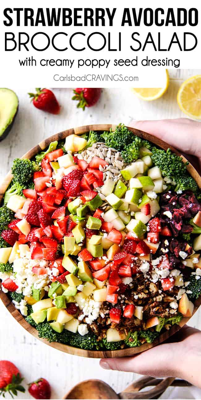 top view of easy Broccoli Salad in a wood bowl with creamy dressing