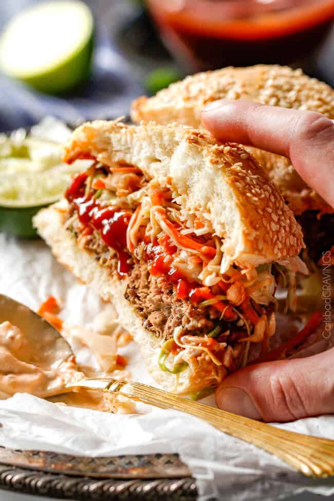 Asian Burger with Hoisin Ketchup & Garlic Chili Mayo cut in half.