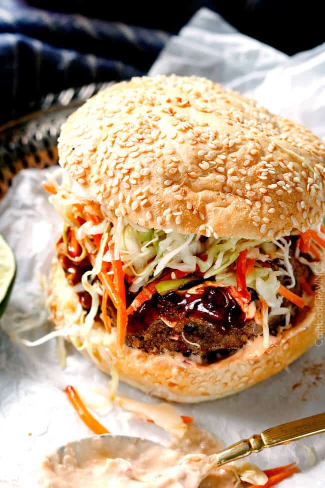 Asian Burger with Hoisin Ketchup & Garlic Chili Mayo with coleslaw.