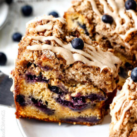 I've died and gone to heaven! This EASY Blueberry Muffin Cake is like a giant blueberry muffin and the Maple Cream Cheese Glaze is amazing! Everyone always asks me to make this for brunch!