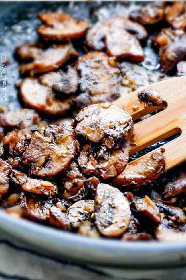 showing how to make pesto chicken by sautéing mushrooms