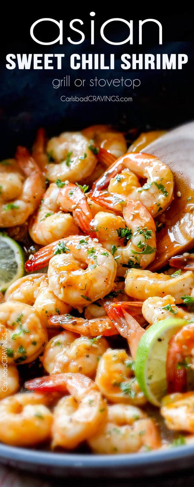 Sweet Chili Shrimp with lime garnish.