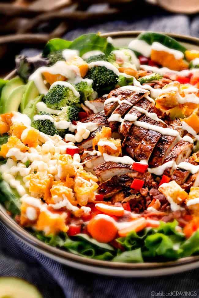 Bacon Ranch Chicken Salad with all the toppings.