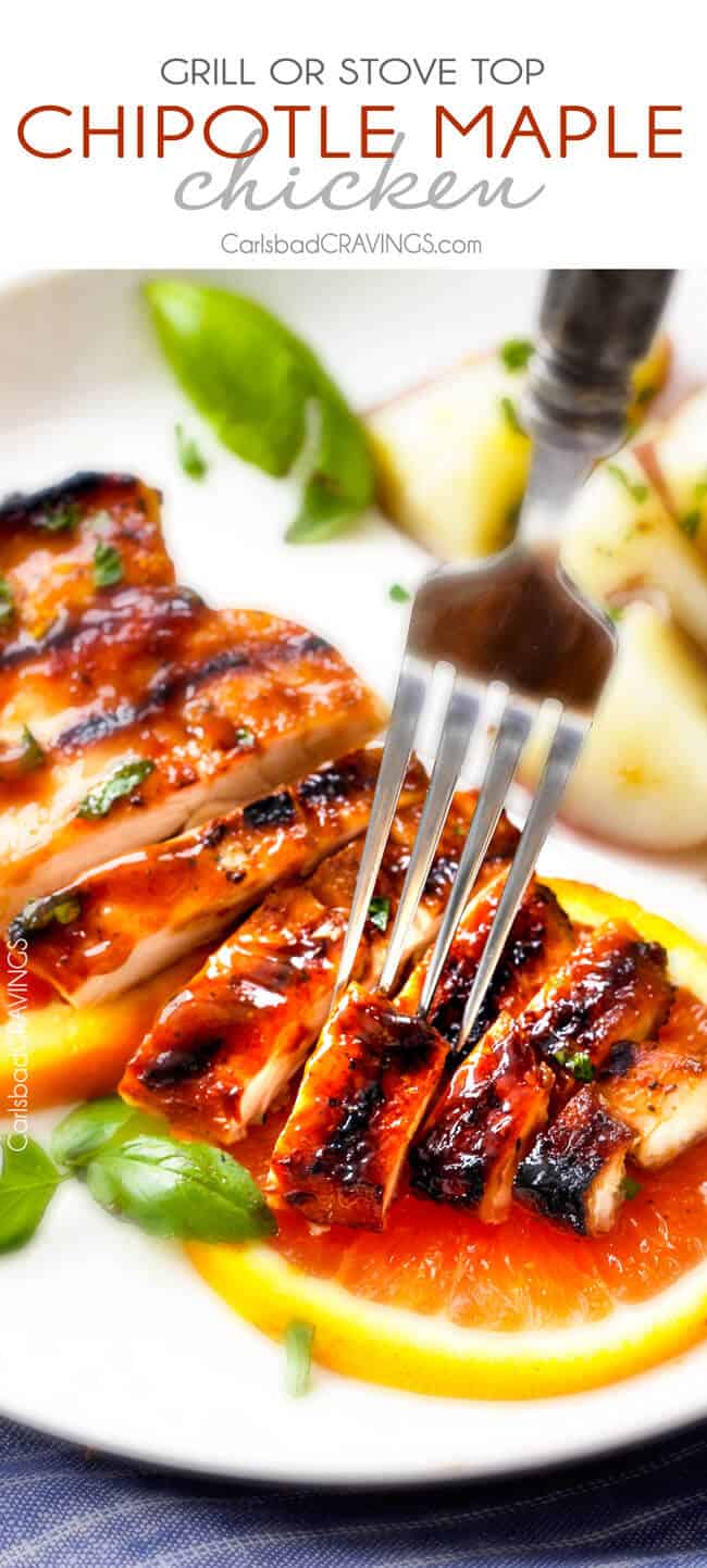 Chipotle Maple Chicken cut on a plate with a fork taking a piece.
