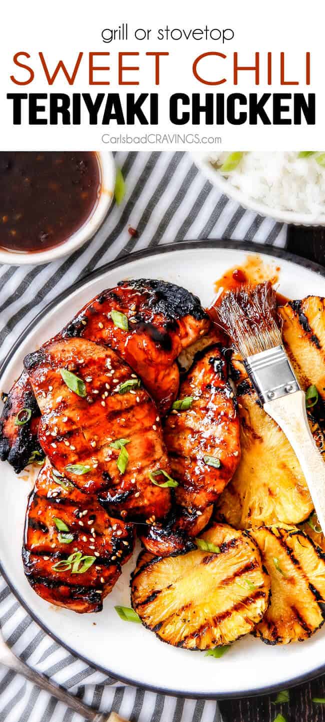 5 Minute prep Easy Teriyaki Chicken infused with Sweet Chili Sauce for added depth of flavor and YUM! The marinade doubles as the sauce for an easy family favorite that tastes better than takeout! My family loves this with rice and stir fried veggies and I love it on salad or in wraps! top view of easy teriyaki Chicken recipe with grilled pineapple