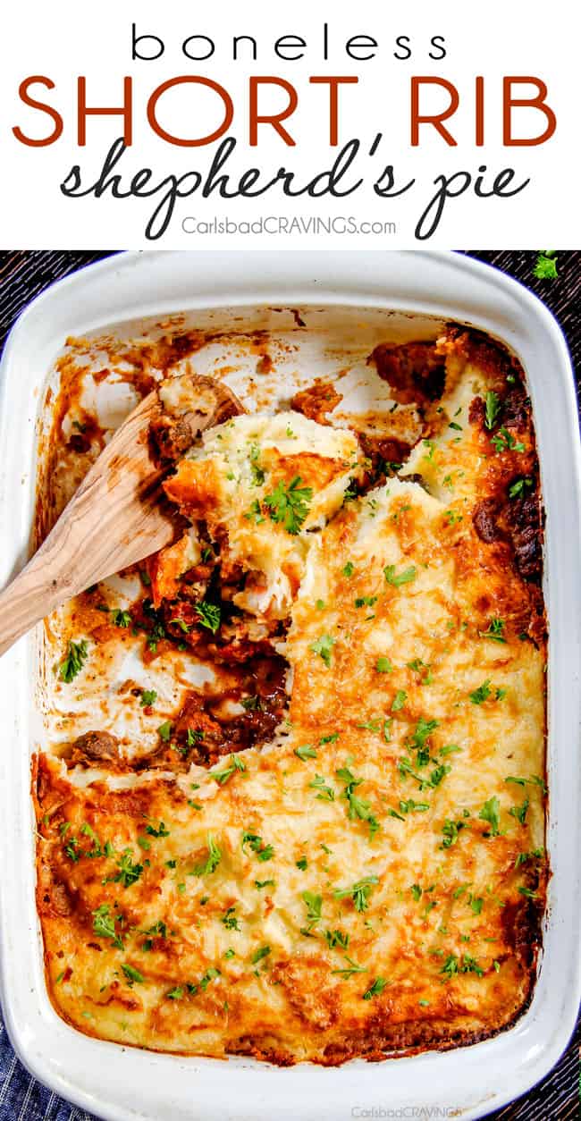 The BEST Shepherd's Pie!!! Savory, comforting Boneless Short Rib Shepherd's Pie elevates shepherd's (or cottage pie) to a whole new level with melt in your mouth meat and Swiss Gruyere Mashed Potatoes! This is guaranteed to be a new family favorite!!! top view of classic shepherd's pie in a casserole dish half eaten