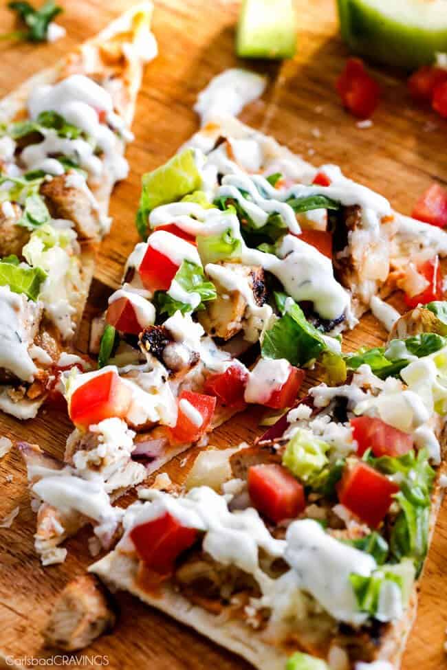 Chicken Gyro Flatbread Pizzas – these are amazing and SO quick and easy! An explosion of flavors and textures with the most flavorful Greek Chicken and easy Blender Tzatziki! Great for lunch/dinners or for appetizers and entertaining!