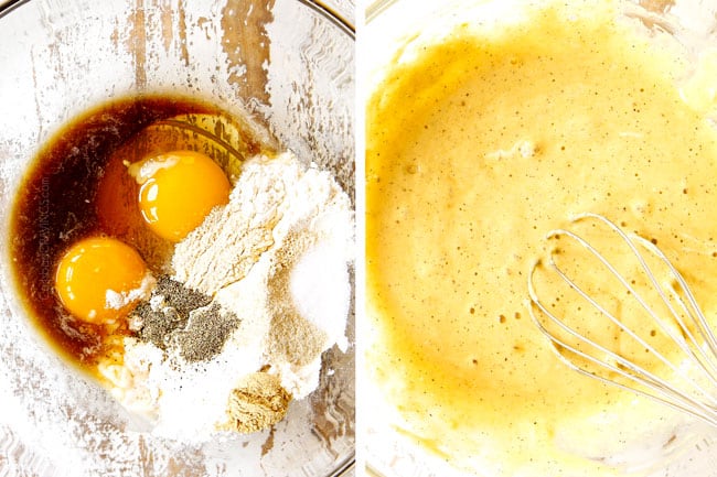 showing how to make Chinese Lemon Chicken by whisking together eggs, soy sauce, lemon juice and flour to create a batter