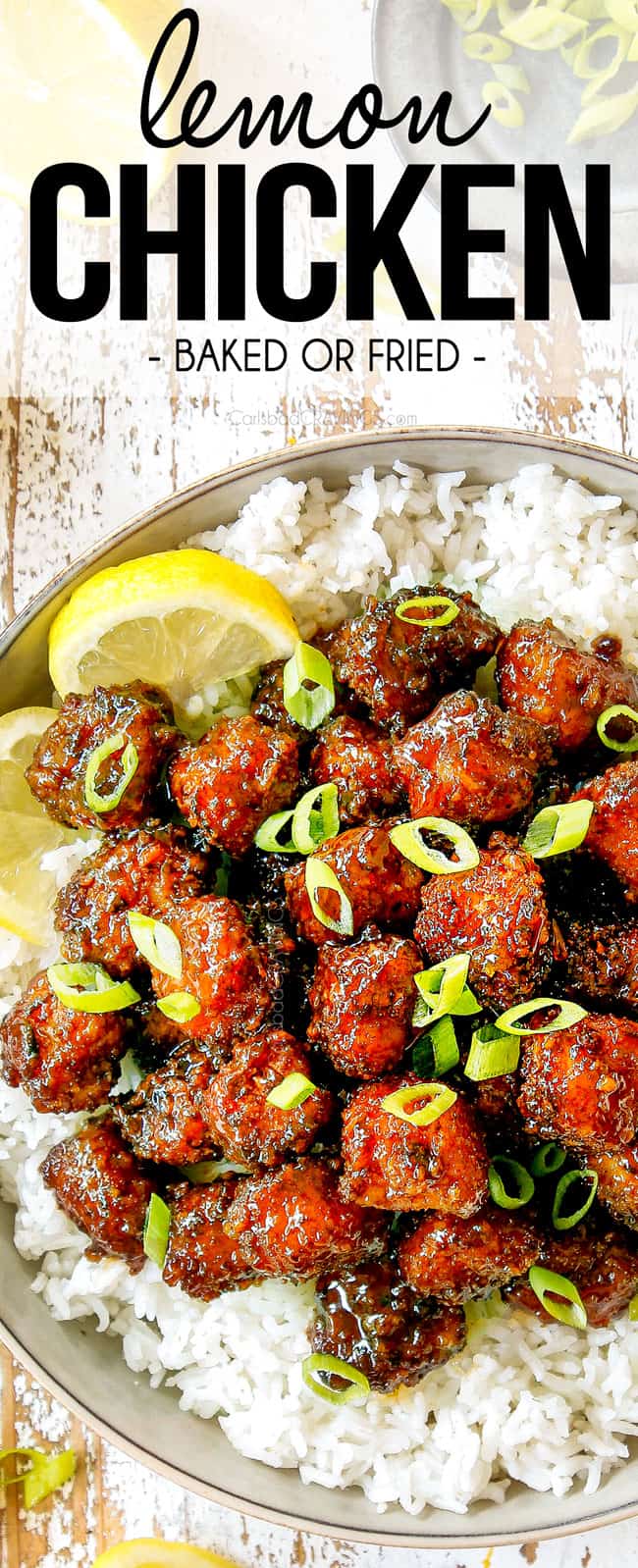 top view of Chinese lemon chicken in a grey bowl with white rice