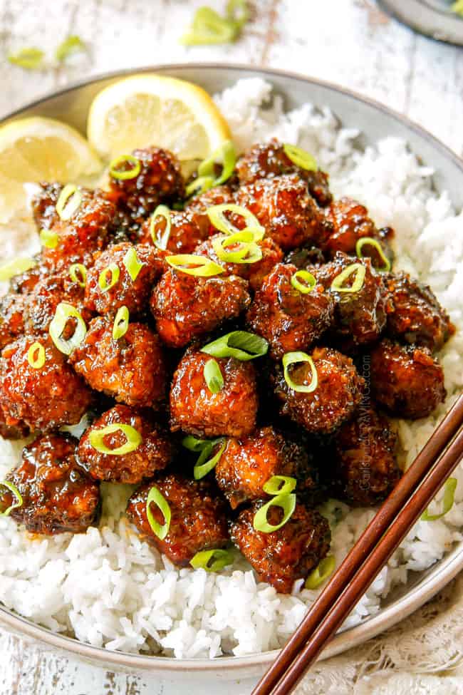 Crispy Chinese Lemon Chicken with white rice.