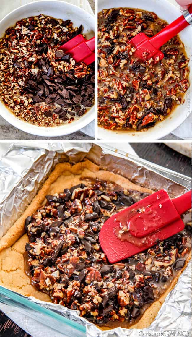 Showing how to make Chocolate Chunk Pecan Pie Bars by mixing ingredients.