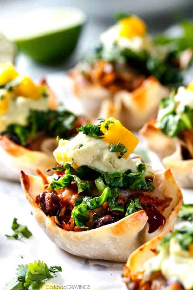 Side close up view of Salsa Verde Honey Lime Chicken Taco Cups.