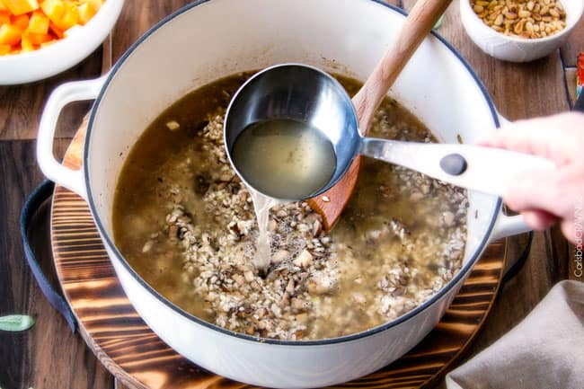No Babysitting, easy, creamy BAKED Butternut Squash Risotto with Pine Nuts and Pepper Jack! This simple to prepare risotto is wonderfully smooth and creamy, seasoned to perfection and is absolutely fool proof! It makes the most amazing Thanksgiving or holiday side but is easy enough for every day! showing how to make Butternut Squash Risotto by adding a ladleful of warm chicken stock to rice in a white pot along with oregano, thyme, salt and pepper