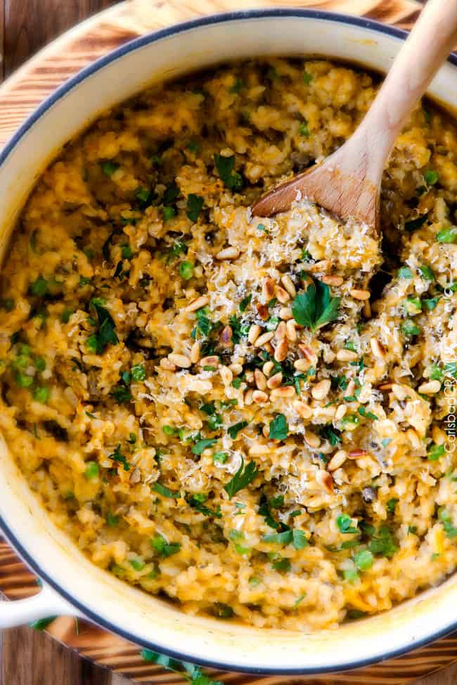 No Babysitting, easy, creamy BAKED Butternut Squash Risotto! This simple to prepare risotto is wonderfully smooth and creamy, seasoned to perfection and is absolutely fool proof! It makes the most amazing Thanksgiving or holiday side but is easy enough for every day!