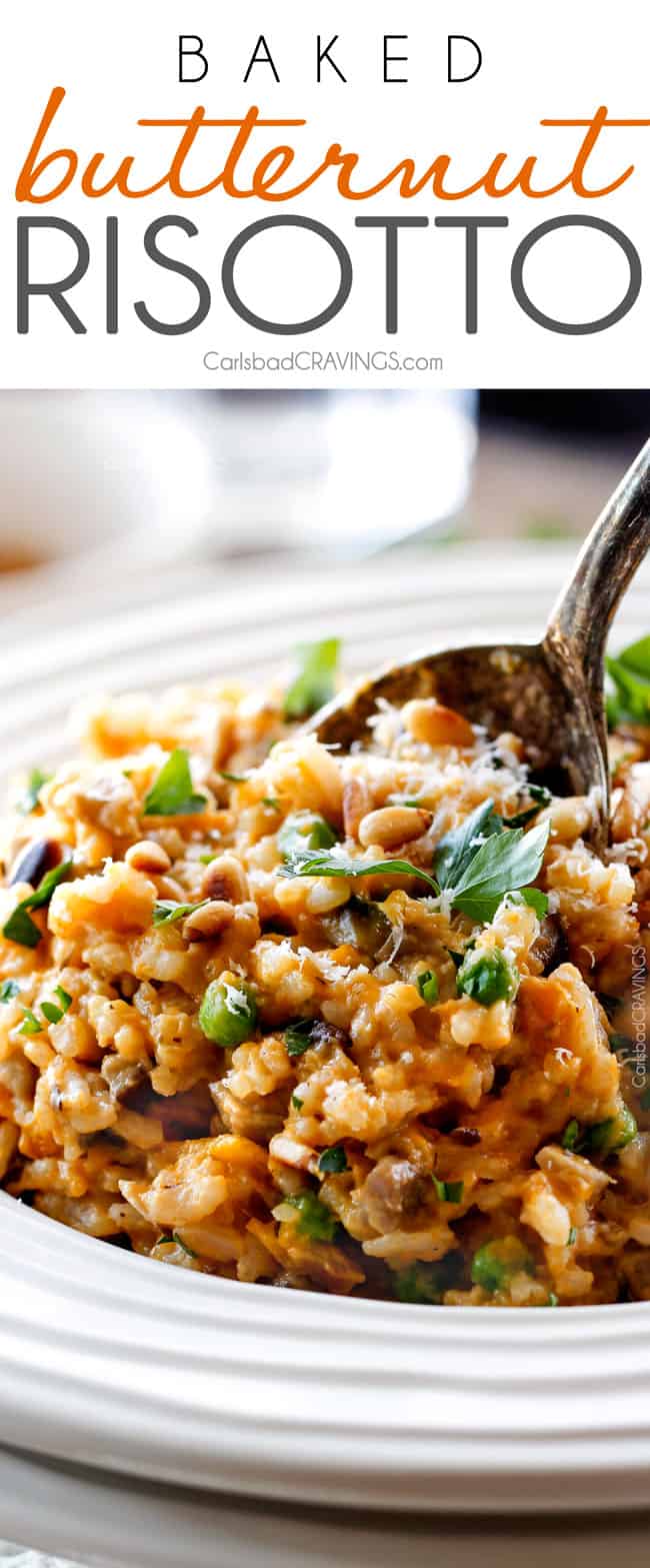 No Babysitting, easy, creamy BAKED Butternut Squash Risotto with Pine Nuts and Pepper Jack! This simple to prepare risotto is wonderfully smooth and creamy, seasoned to perfection and is absolutely fool proof! It makes the most amazing Thanksgiving or holiday side but is easy enough for every day! up close of a spoonful of easy butternut squash risotto in a white dish