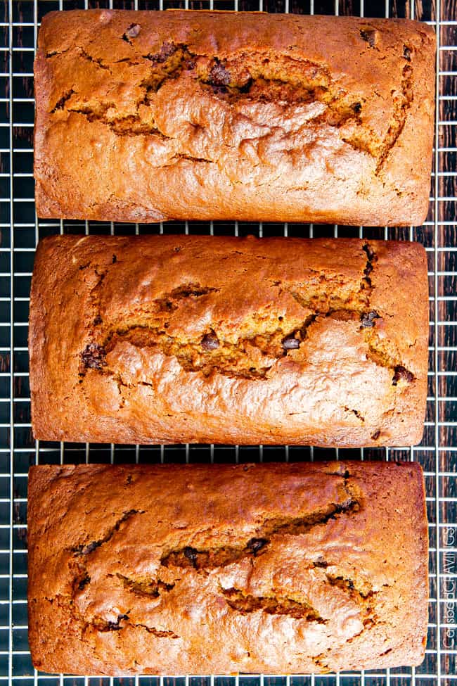 My Mom’s Famous Chocolate Chip Pumpkin Bread! So incredibly moist, infused with cinnamon, cloves and nutmeg with only 2 bowls and one whisk required! Everyone will BEG you for this recipe! showing how to make pumpkin bread by cooling moist pumpkin bread on a cooling rack