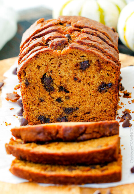My Mom’s Famous Chocolate Chip Pumpkin Bread! So incredibly moist, infused with cinnamon, cloves and nutmeg with only 2 bowls and one whisk required! Everyone will BEG you for this recipe!