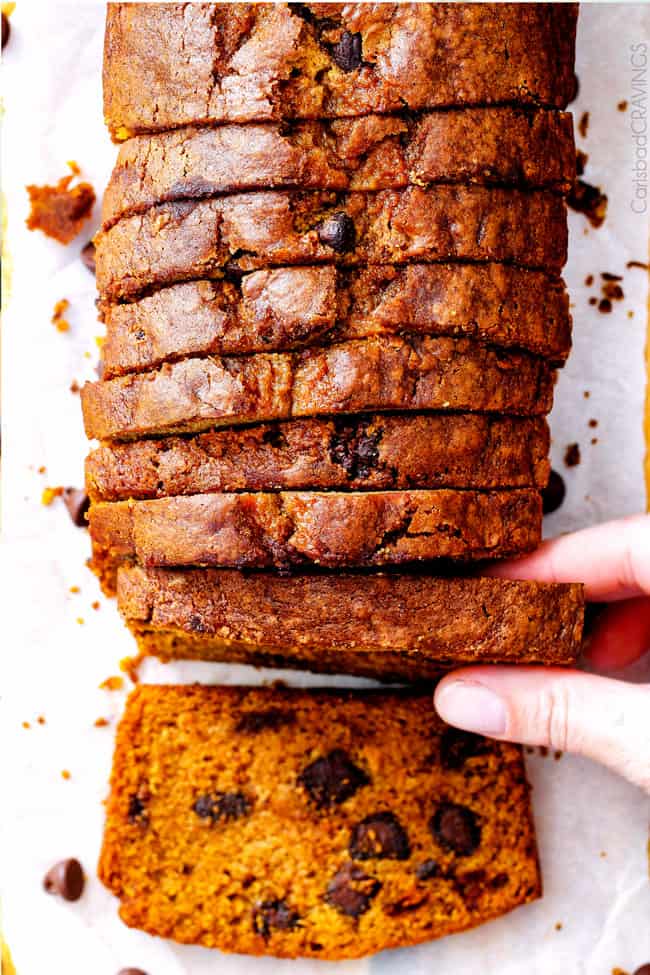 top view of slicing bread for pumpkin bread pudding