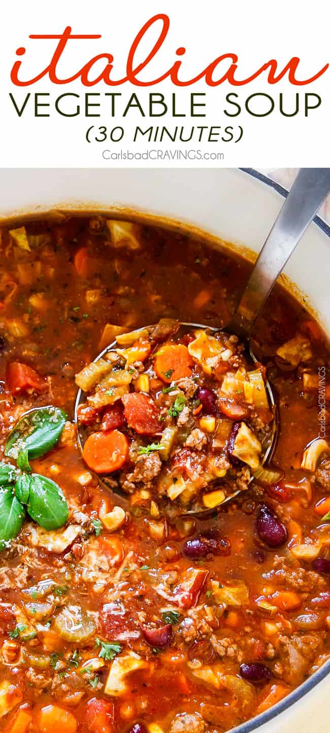 30 minute Italian Vegetable Soup – This is the BEST version I have tried – my family begs me to make this soup! hearty, comforting chunks of ground beef and veggies in an Italian spiced tomato broth - SO good and easy!