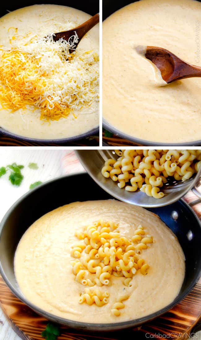 This mega creamy (lightened up) Salsa Verde Pepper Jack Macaroni and Cheese is crazy flavorful infused with salsa verde, pepper jack and sharp cheddar and super easy to make! A new family favorite on the table in under 30 minutes (including the option of chicken and veggies)!