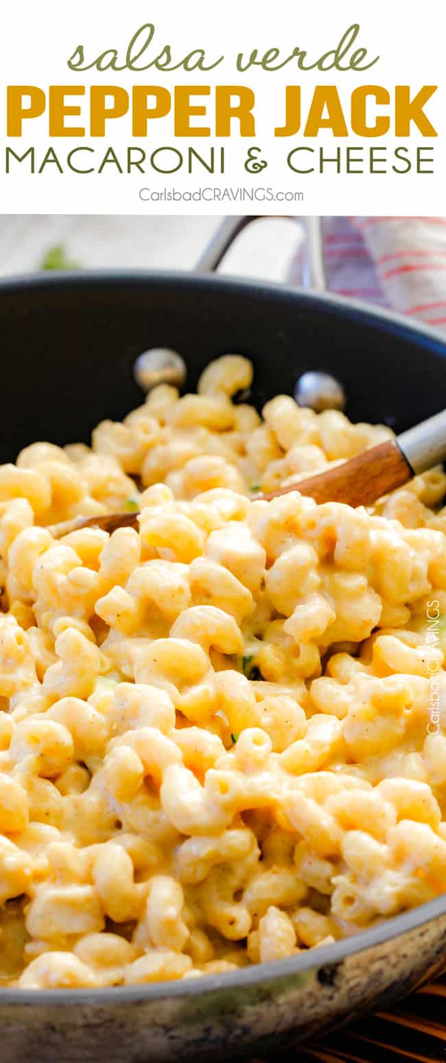 This mega creamy (lightened up) Salsa Verde Pepper Jack Macaroni and Cheese is crazy flavorful infused with salsa verde, pepper jack and sharp cheddar and super easy to make! A new family favorite on the table in under 30 minutes (including the option of chicken and veggies)!