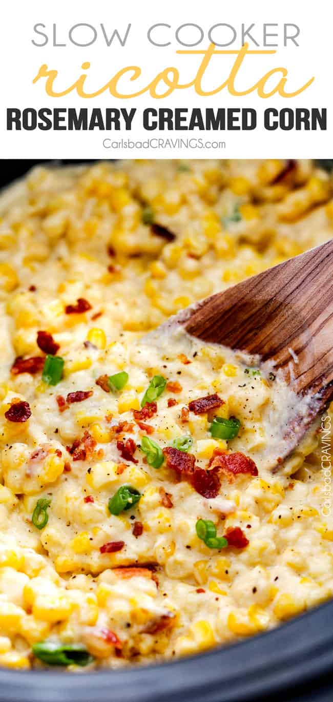 Slow Cooker Creamed Corn with Ricotta and Bacon - this has to be the BEST CREAMED CORN I've eaten in my entire life! Rich and creamy, seasoned to perfection, SO easy and practically fool proof! Definitely making this every Thanksgiving from now on! up close of creamed corn with cream cheese in the slow cooker with bacon and green onions