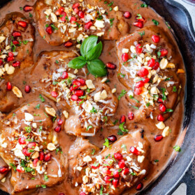 One pan, 30 minute Asian Pomegranate Coconut Chicken Skillet is one of my favorite sweet, savory tangy, sauces ever! I am so in love with the flavors and ease of this dish! #30minutemeals