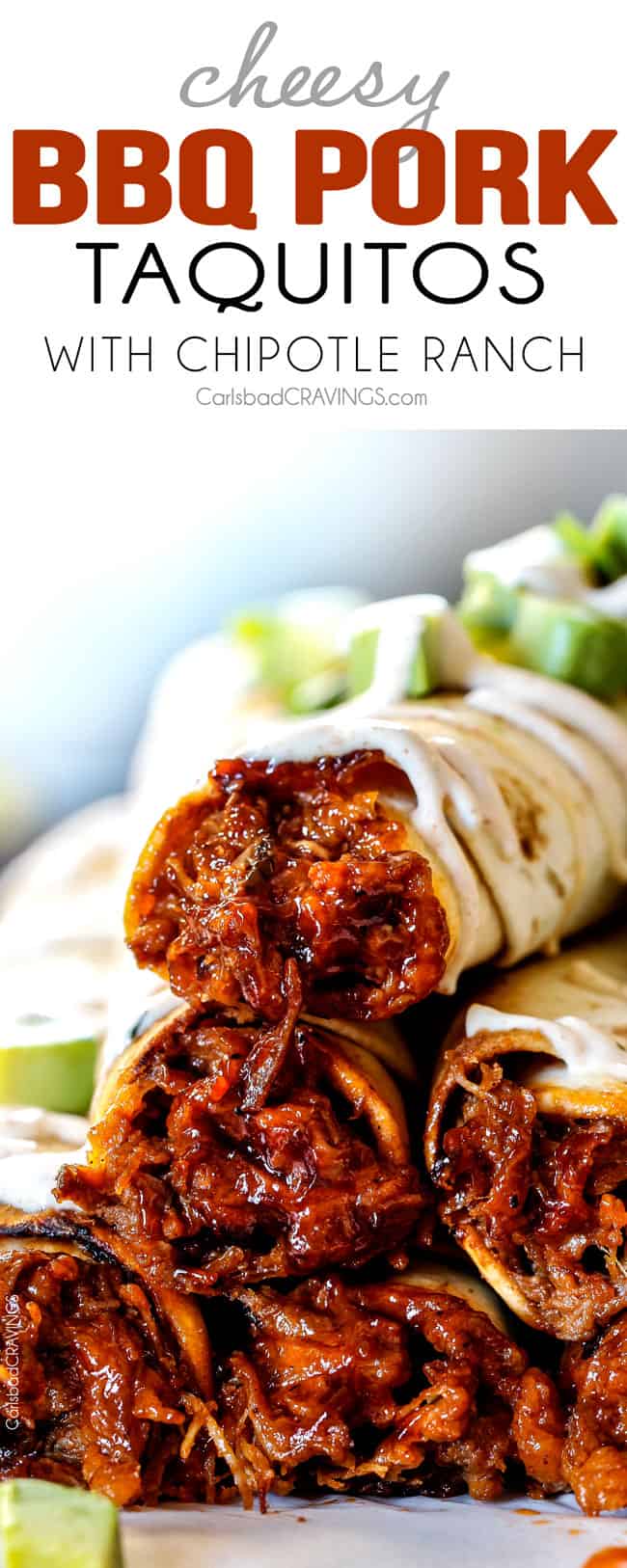 Cheesy Baked BBQ Pork Taquitos stacked on a plate.
