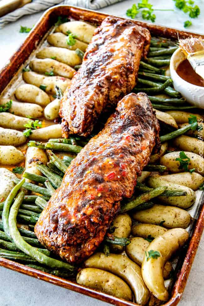 Sheet pan Pork Tenderloin with potatoes and beans.