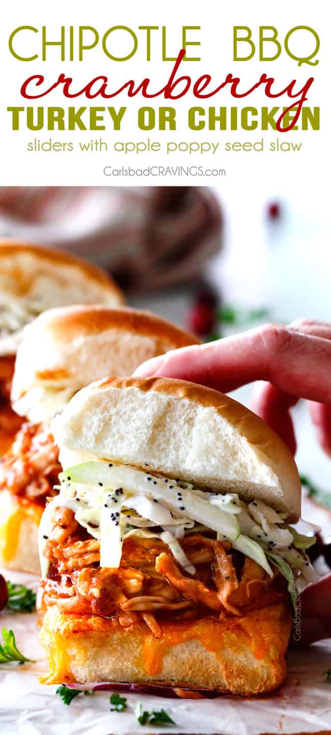 20 Minute Chipotle BBQ Cranberry Turkey Sliders (or chicken!) are a wonderfully delicious way to devour your Thanksgiving turkey leftovers or SO good you will want to make them forever and ever with chicken! And don’t skip the crunchy, sweet and tangy out of this world Apple Poppy Seed Slaw! up close of Thanksgiving Turkey Sliders with pulled turkey
