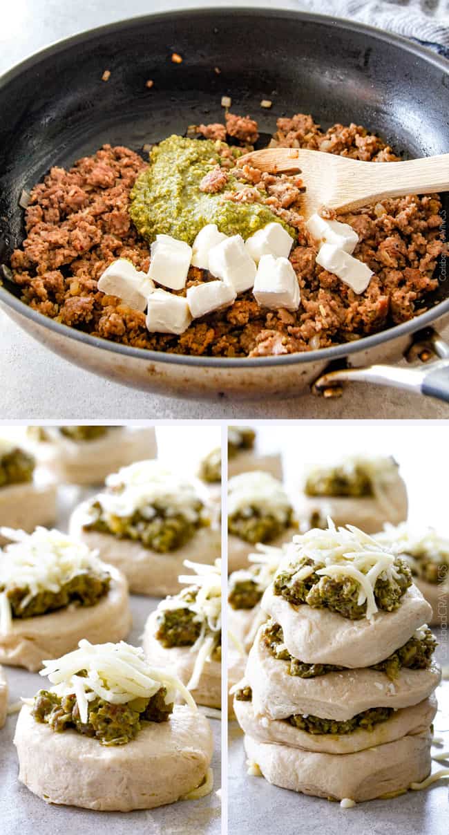 Showing how to make Cheesy Sausage Pesto Ring preparing the dough. 