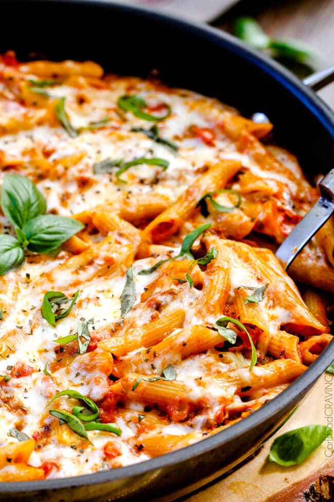 Close up of Cheesy Penne in a pan.