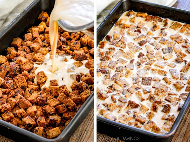 a collage showing how to make pumpkin bread pudding by pouring custard over pumpkin bread cubes in a 9x13 pan and letting soak
