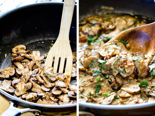 I chose to use cremini mushrooms because they are more mature than white mushrooms which means they boast a more developed flavor and are firmer so they stand up better when simmered.  And these Green Beans will stand up to even your toughest critics. Showing how to make Roasted Green Beans with Bacon by making bacon mushroom sauce