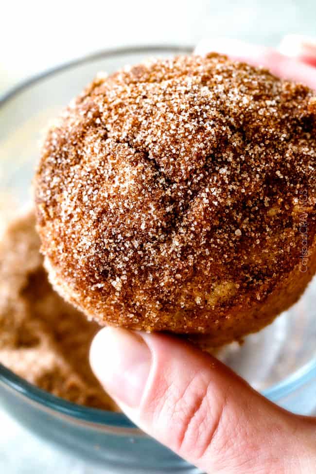 Close up of Nutella Stuffed Snickerdoodle Muffins.