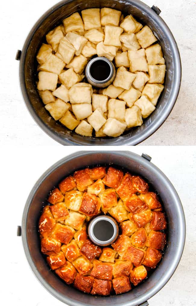 a collage showing how to make monkey bread by adding dough pieces to a bundt pan and baking until golden