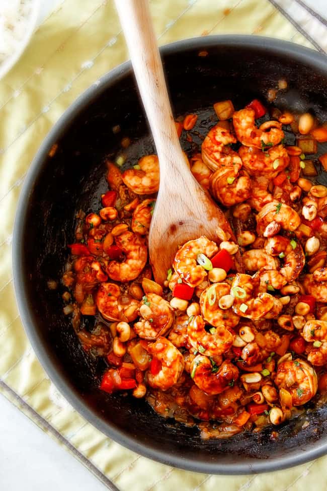 This easy, healthy, Kung Pao Shrimp tastes better than takeout and is on your table in less than 30 minutes! I was licking my plate of the savory spicy sauce! showing how to make Kung Pao Shrimp by stir frying shrimp with Kung Pao Sauce