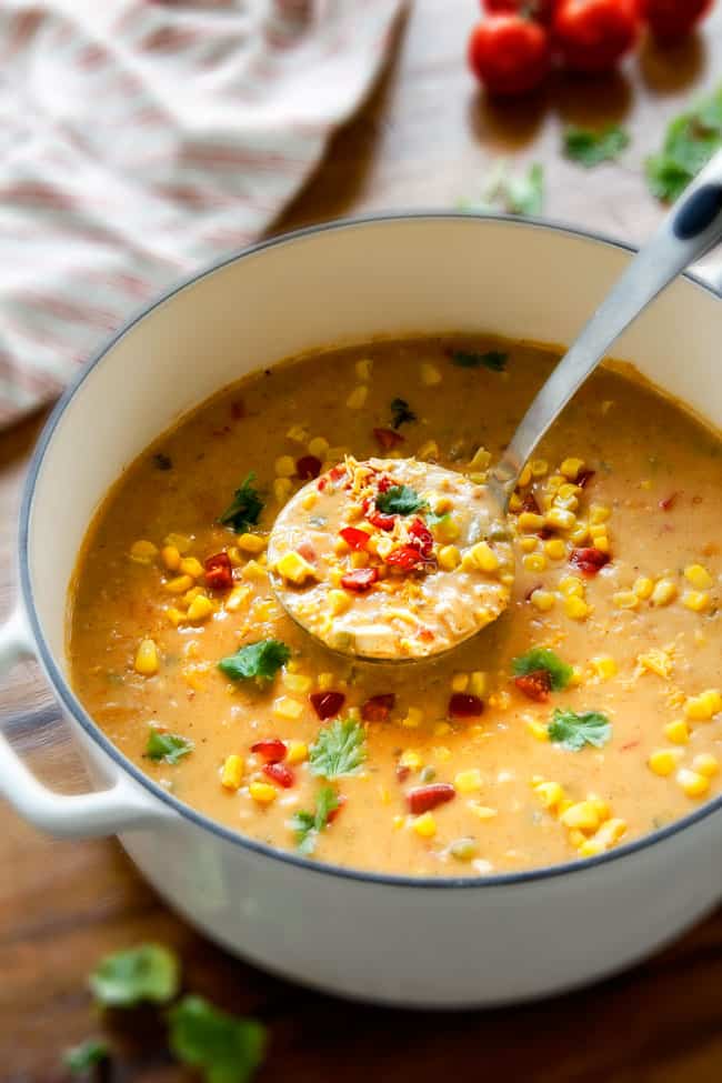 30 Minute LIGHTENED UP Mexican Chicken Corn Chowder is one of my family's favorite soups ever! Its cheesy, creamy (without any heavy cream!), comforting and the layers of flavors are out of this world!