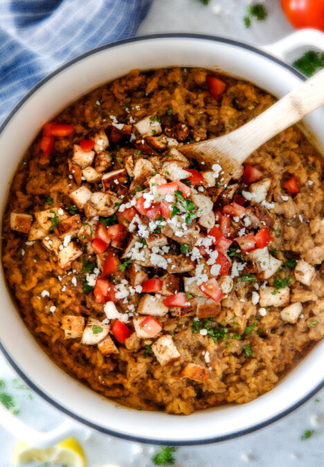 Easy, creamy BAKED Greek Chicken Risotto made in one pot! This has become a favorite dinner for my entire family and I love how easy it is! Its bursting with so much flavor and the chicken marinade is outstanding!