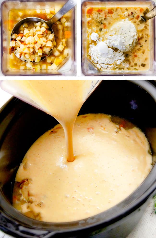 This Skinny Slow Cooker Potato Soup is unbelievably creamy, super flavorful and absolutely the best I've ever tried! and its super easy in the crock pot! showing how to make crockpot soup creamy by adding flour and potatoes in a blender to puree.
