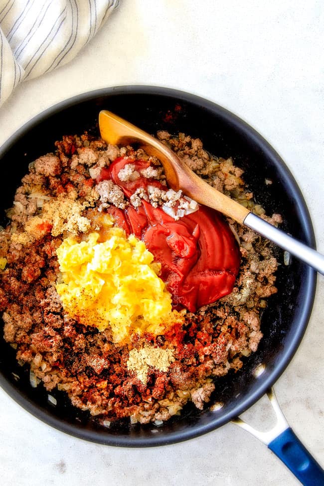 30 Minute Hawaiian Sloppy Joes smothered in the most delicious sweet and tangy Hawaiian BBQ Sauce your whole family will love! Incredibly easy, make ahead and great for crowds! showing how to make sloppy joes by adding beef, onions, ketchup, mustard and spices to a pan