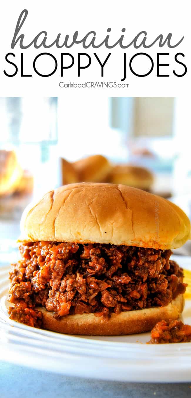 30 Minute Hawaiian Sloppy Joes smothered in the most delicious sweet and tangy Hawaiian BBQ Sauce your whole family will love! Incredibly easy, make ahead and great for crowds! up close of easy sloppy joes with filling spilling out of the soft bun
