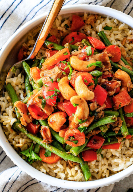 20 Minute Honey Balsamic Tuna Veggie Bowls with Cashews - I was shocked at how much I loved these. They are SO quick and easy, HEALTHY, flavor and texture packed, and I love the light honey balsamic sauce! I am stocking up on tuna so I can make these any time!