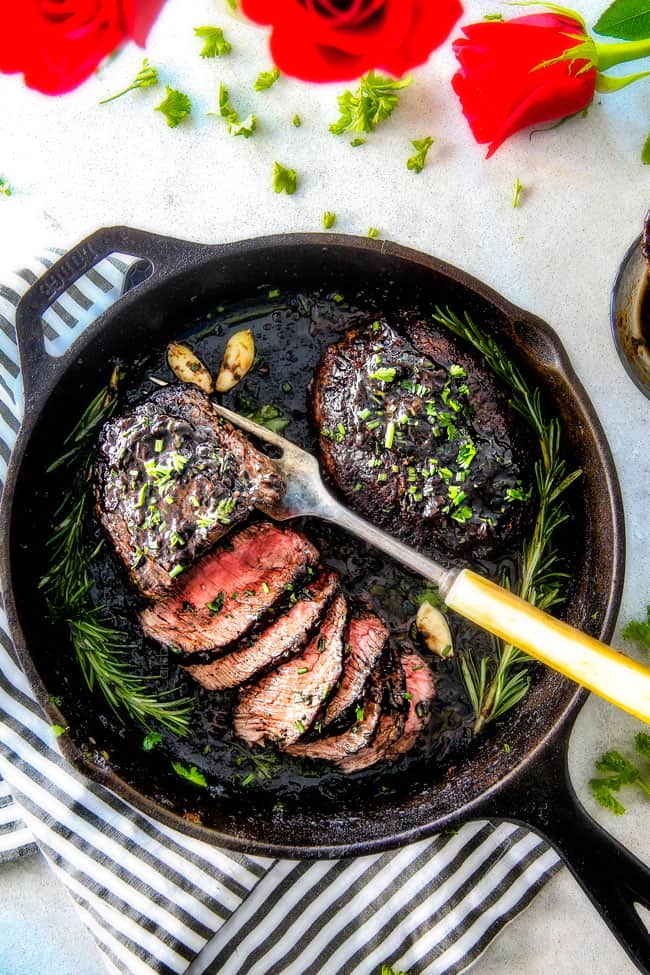 Top view of Pan Seared Steak with Balsamic Herb Cream Sauce.
