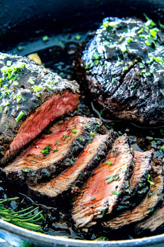 Close up view of Pan Seared Steak with Balsamic Herb Cream Sauce