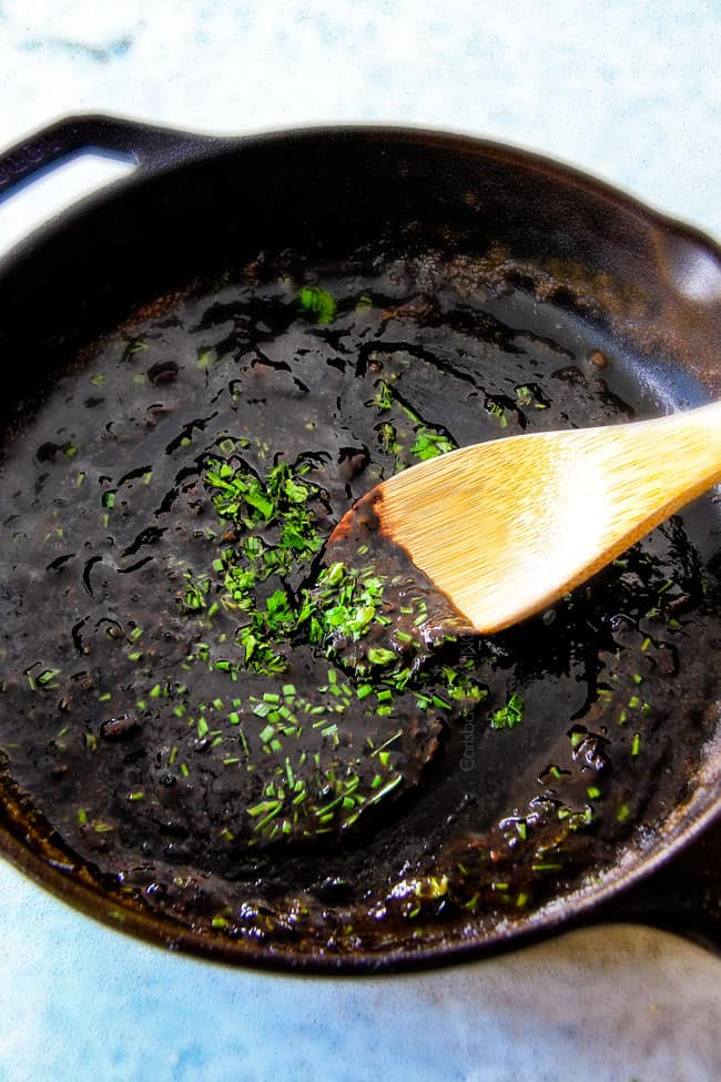 Sauce in the pan from Pan Seared Steak with Balsamic Herb Cream Sauce.
