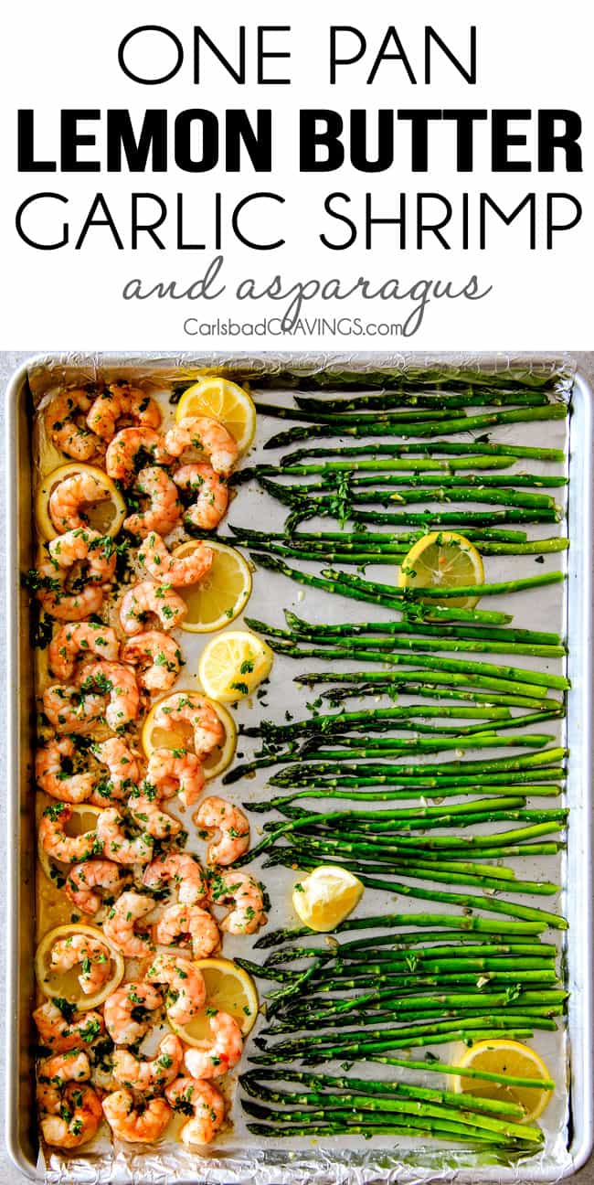 One Pan Roasted Lemon Butter Garlic Shrimp and Asparagus bursting with flavor and on your table in 15 MINUTES! No joke! The easiest, most satisfying meal that tastes totally gourmet!