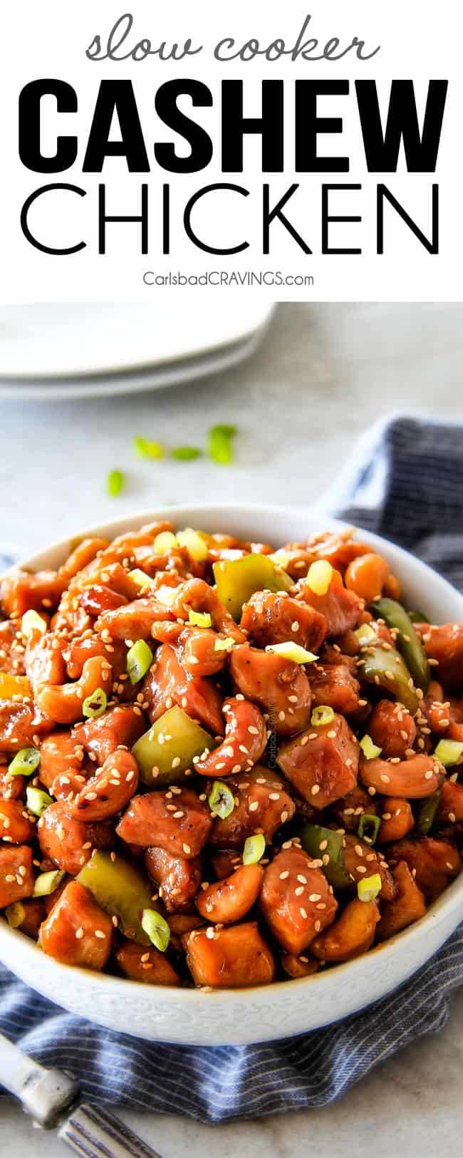 Slow Cooker Chinese Cashew Chicken- this is the best cashew chicken I have ever tried! the chicken is incredibly tender, the sauce is wonderfully flavorful and the punch of buttery, creamy cashews is out of this world! Definitely a family favorite and so much heather than takeout! easy Cashew Chicken recipe made in the crockpot