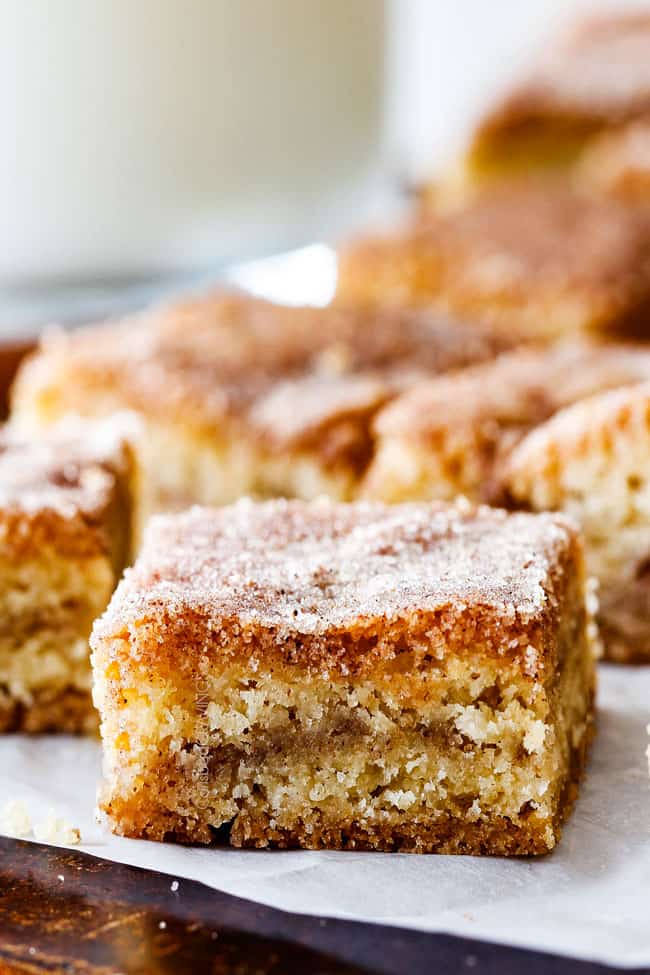 Incredibly EASY, thick, soft and chewy, buttery Snickerdoodle Cookie Bars taste just like the cookie but so much easier and less time consuming! The cinnamon and sugar crackle top is to die for! front view of easy Snickerdoodle Bars