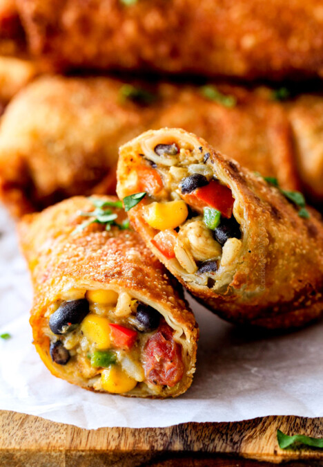 CRISPY Southwest Egg Rolls loaded with Mexican spiced chicken, beans, tomatoes, rice, avocado and cheese! These eggrolls are unreal! So much flavor and texture! And don't skip the Cilantro Lime Ranch Dip - its heaven!